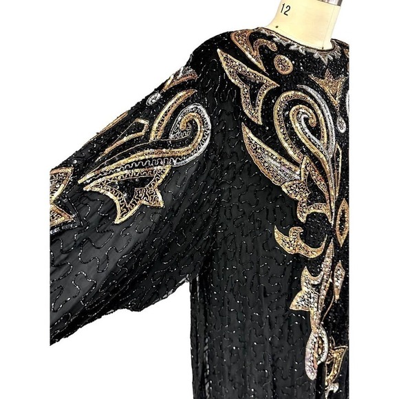 Mob wife era 80s VTG Lillie Rubin Blk/Gld Sequined Silk Hobble Dress Black Sz L - Picture 5 of 9